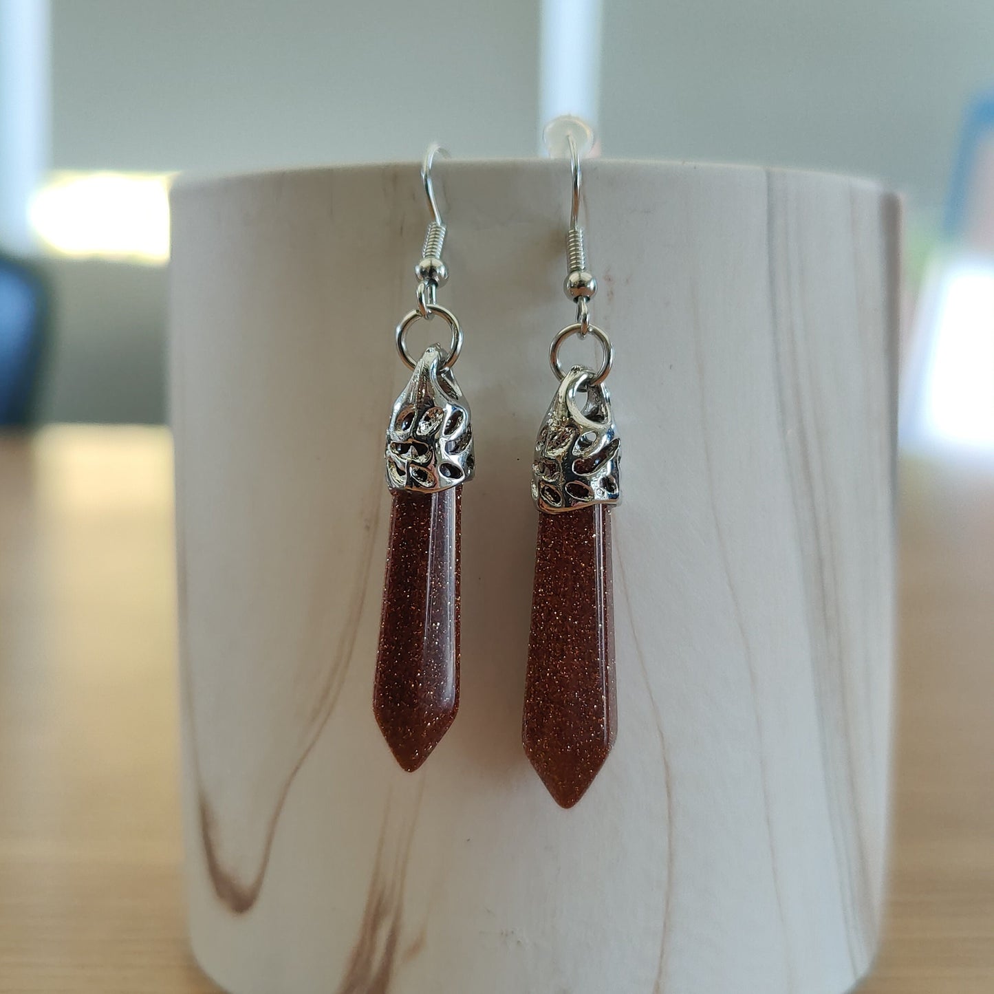 Hexagon Earring Natural Crystal Stone Tiger's Eye Hooks Dangling Earrings Handmade in UK