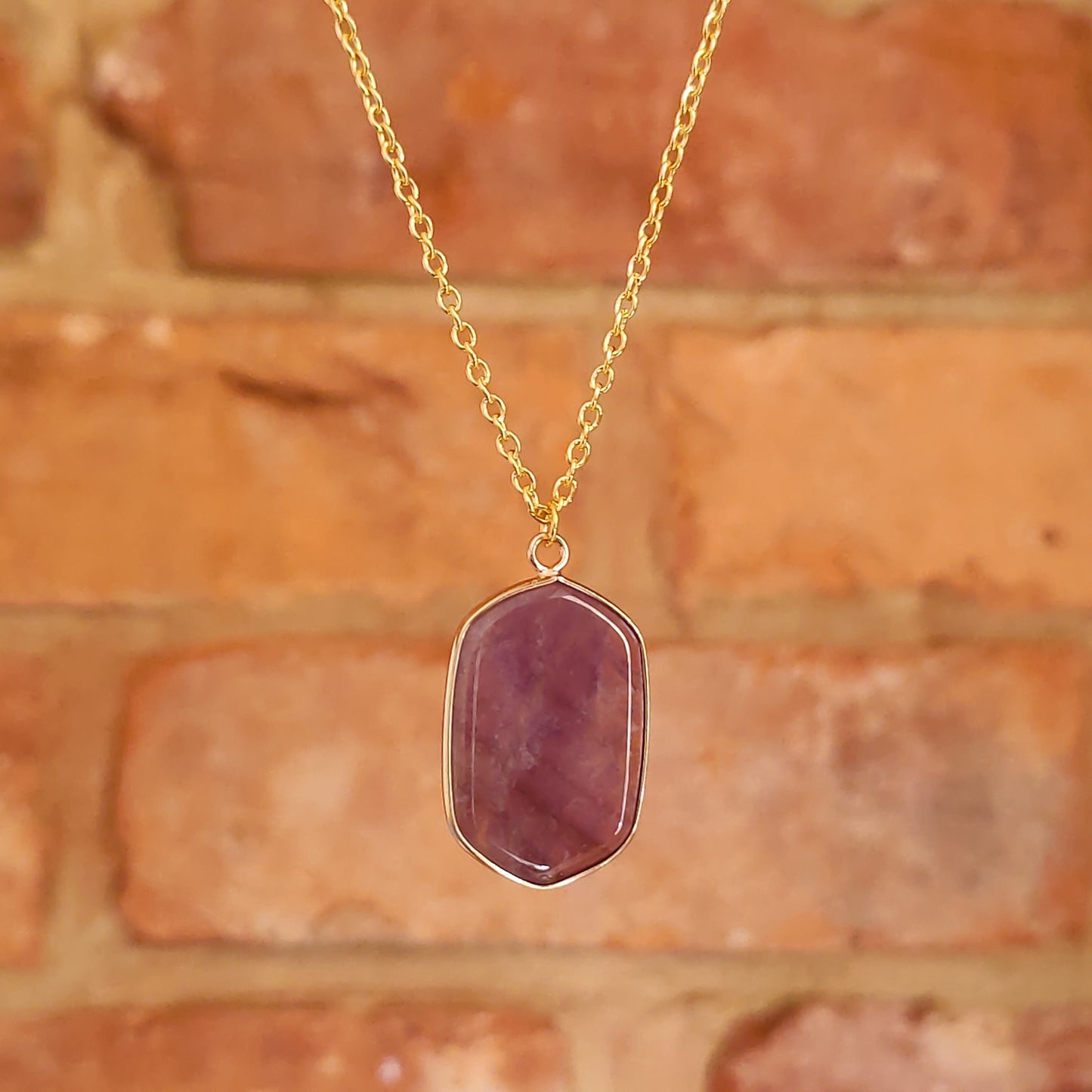 Mounted Edges Hexagon Shaped Rectangle Crystal Natural Stone Pendant Gold Tone Variety Stone Choices With Chain Lobster Closure