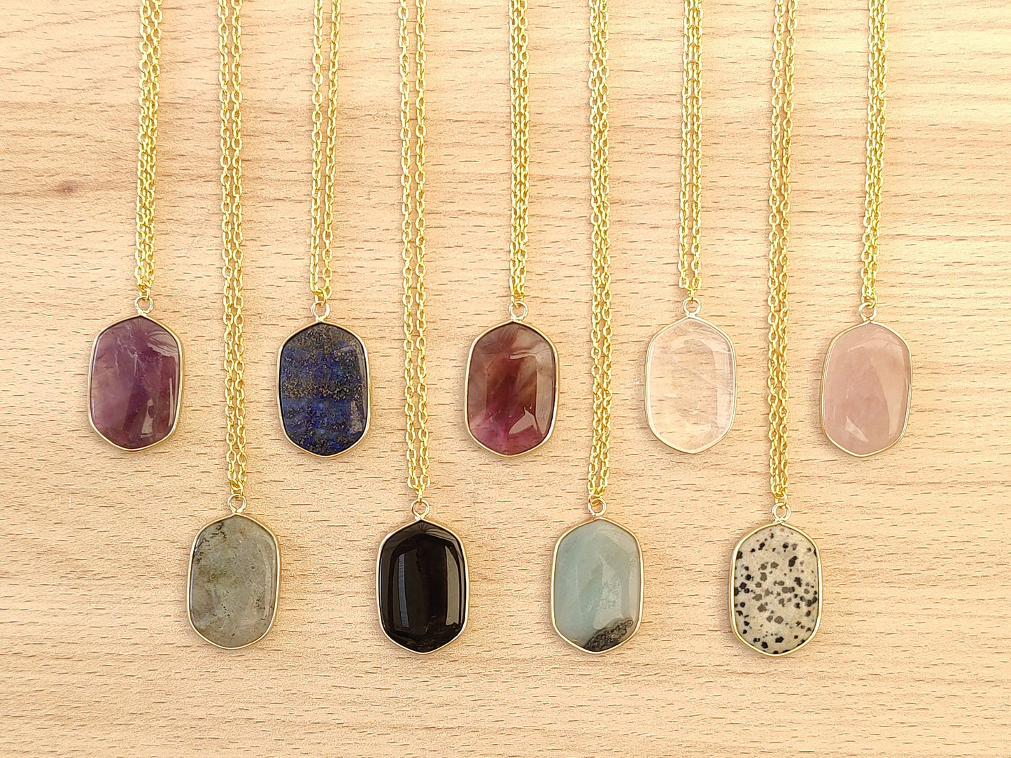 Mounted Edges Hexagon Shaped Rectangle Crystal Natural Stone Pendant Gold Tone Variety Stone Choices With Chain Lobster Closure