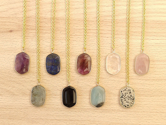 Mounted Edges Hexagon Shaped Rectangle Crystal Natural Stone Pendant Gold Tone Variety Stone Choices With Chain Lobster Closure