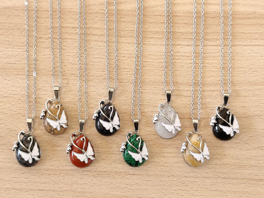 Rain Drop Shaped Crystal Pendants with Butterfly Mounted base Natural Stone Crystal Chakra Positive Energy