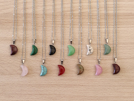 Moon Shaped Smooth Surface Natural Crystal Stone Pendant Necklace Silver Chain Hand Made