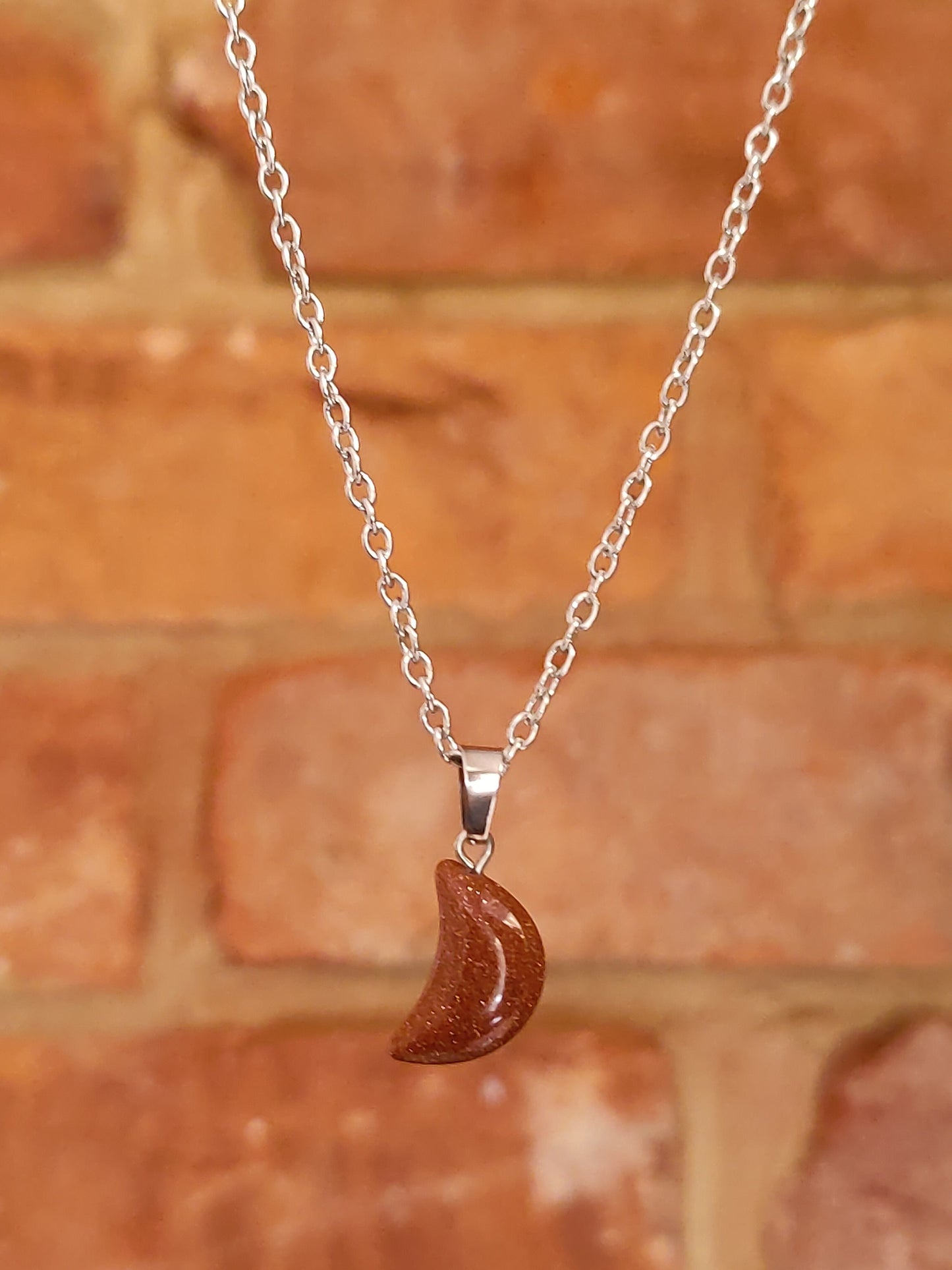Moon Shaped Smooth Surface Natural Crystal Stone Pendant Necklace Silver Chain Hand Made Poppy Jasper