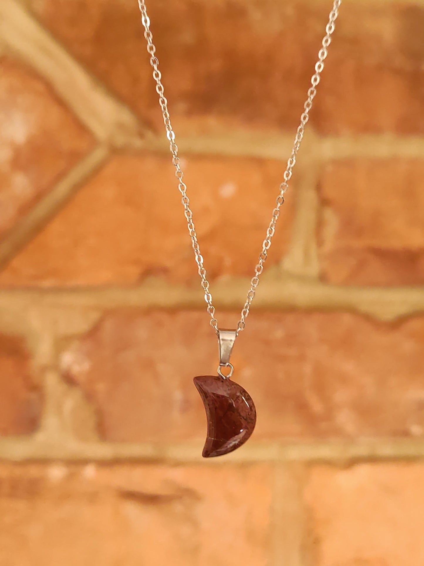 Moon Shaped Smooth Surface Natural Crystal Stone Pendant Necklace Silver Chain Hand Made Poppy Jasper