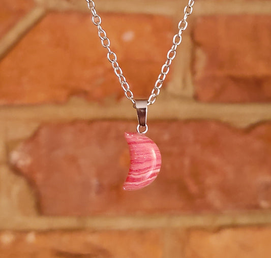 Moon Shaped Smooth Surface Natural Crystal Stone Pendant Necklace Silver Chain Hand Made Poppy Jasper