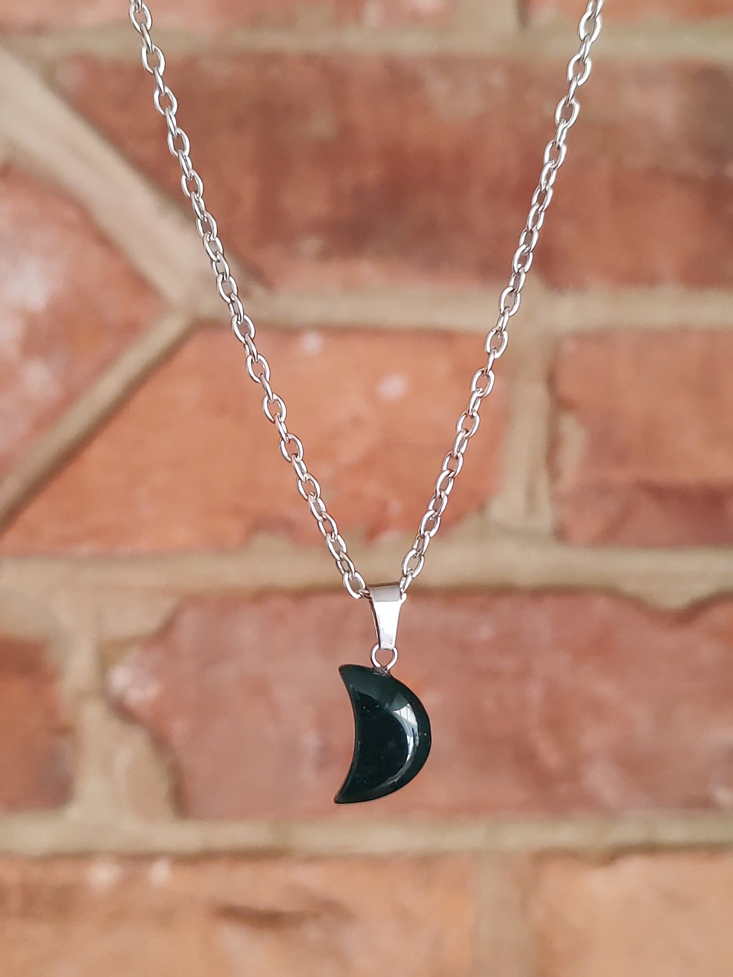 Sodalite Moon Shaped Smooth Surface Natural Crystal Stone Pendant Necklace Silver Chain Hand Made
