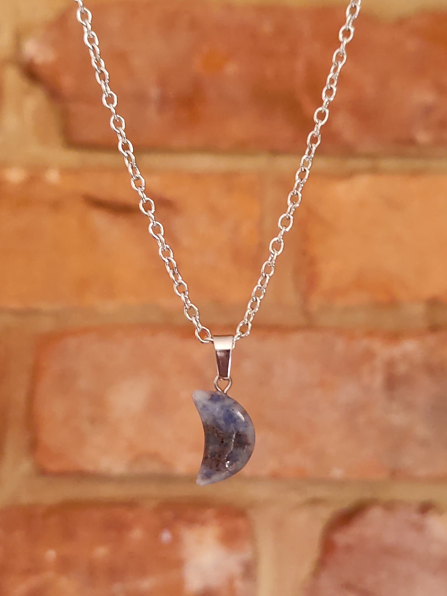 Sodalite Moon Shaped Smooth Surface Natural Crystal Stone Pendant Necklace Silver Chain Hand Made