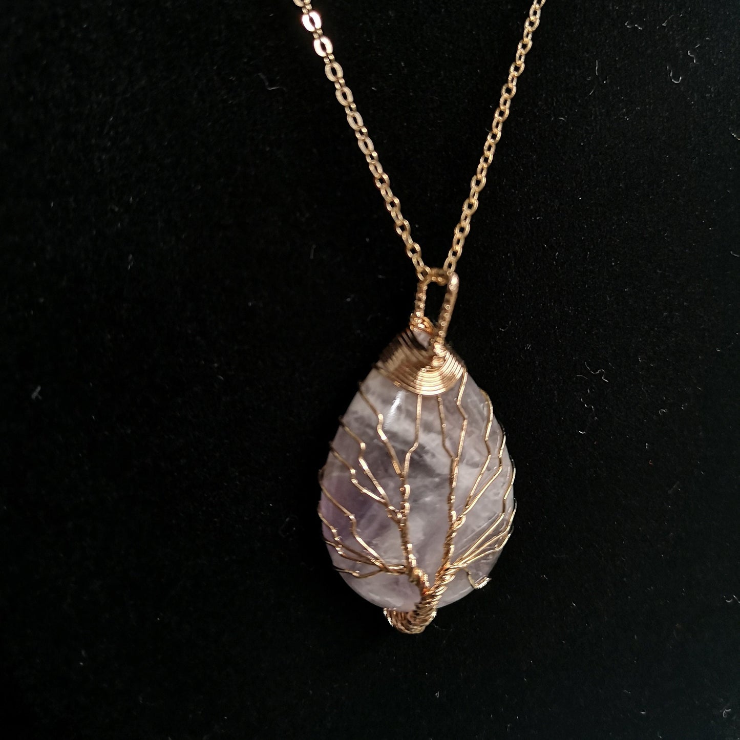 Amethyst Gold Wired Rain Drop Tree of Life Crystal Necklace Healing Gemstone Jewellery Natural Stone Boho Gift Crystal point