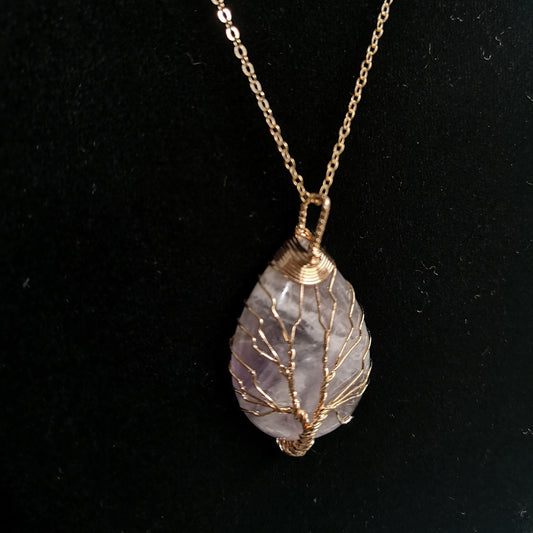 Amethyst Gold Wired Rain Drop Tree of Life Crystal Necklace Healing Gemstone Jewellery Natural Stone Boho Gift Crystal point