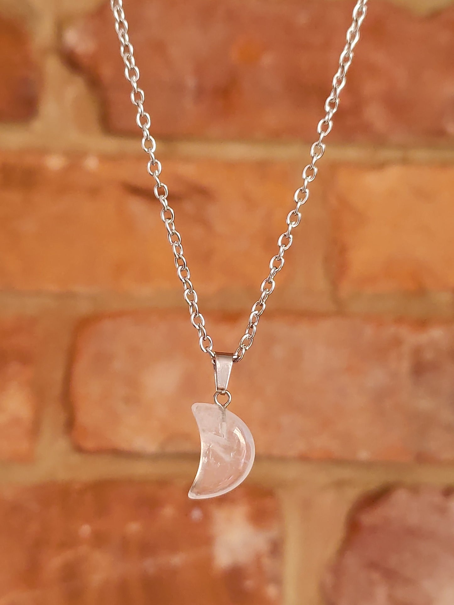 Moon Shaped Smooth Surface Natural Crystal Stone Pendant Necklace Silver Chain Hand Made Poppy Jasper