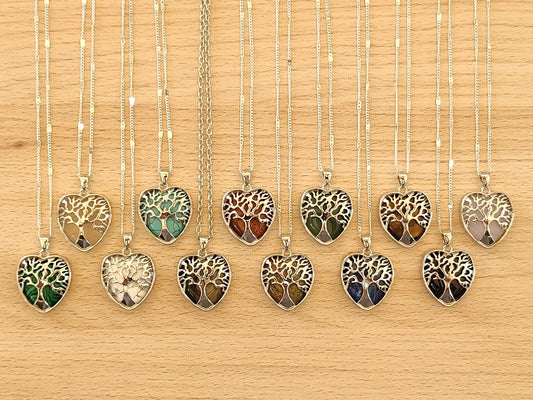 Heart Shape Tree of Life Mounted Crystal Pendant Necklace Natural Stone Positive Energy Chakra Pendants Silver Chain Necklaces
